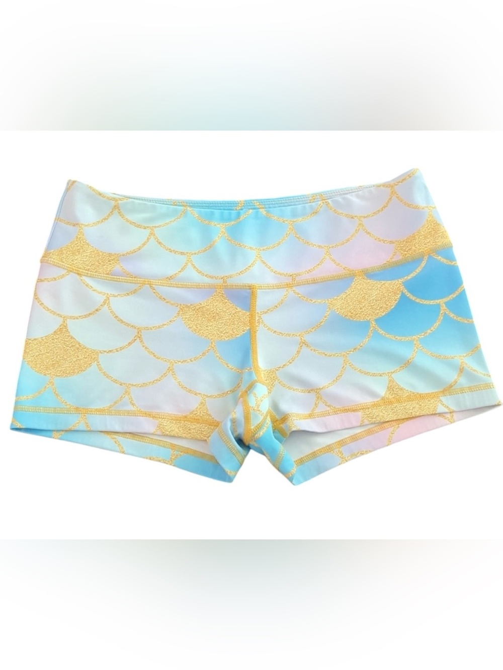 Feed Me Fight Me Mermaid Scale Athletic Shorts in Blue and Gold